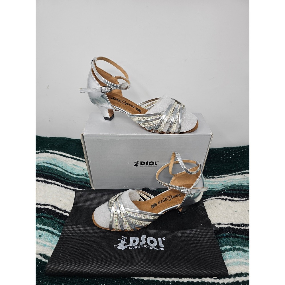 Alma Danza DSOL Silver Ballroom Dance Shoes Latin Salsa Heels Size 5.5